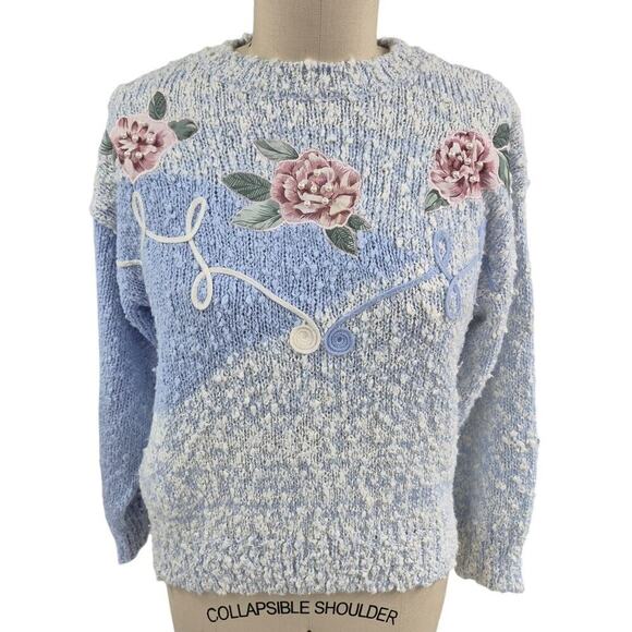80s Vtg Needles & Yarn Grandma Acrylic Sweater Blue Rose Applique/Pearl 3D M - Picture 1 of 5